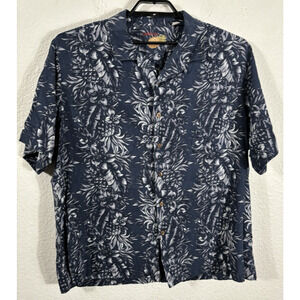 Caribbean Hawaiian Shirt Mens Size XL Blue Floral Silk Blend Short Sleeve Button